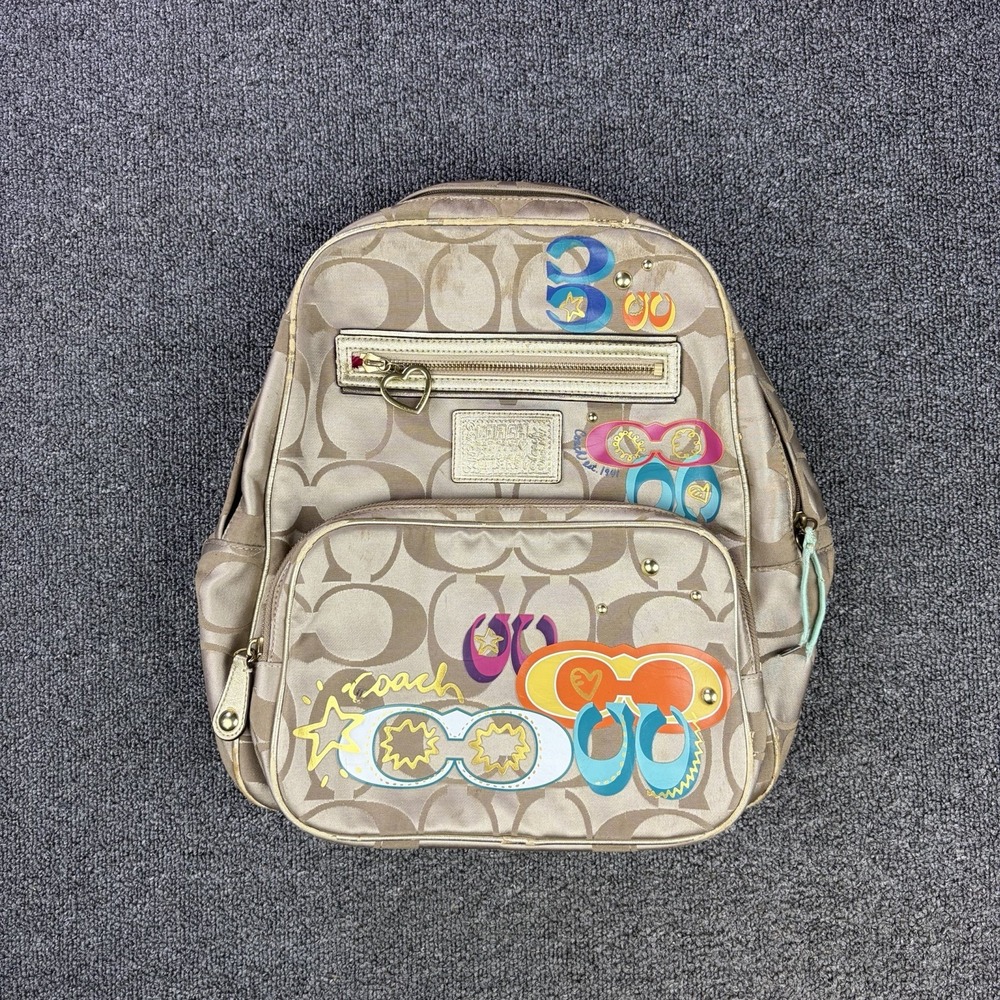 Coach Poppy F20077 Signature Applique Backpack Khaki Gold Multicolor Y2K Rare